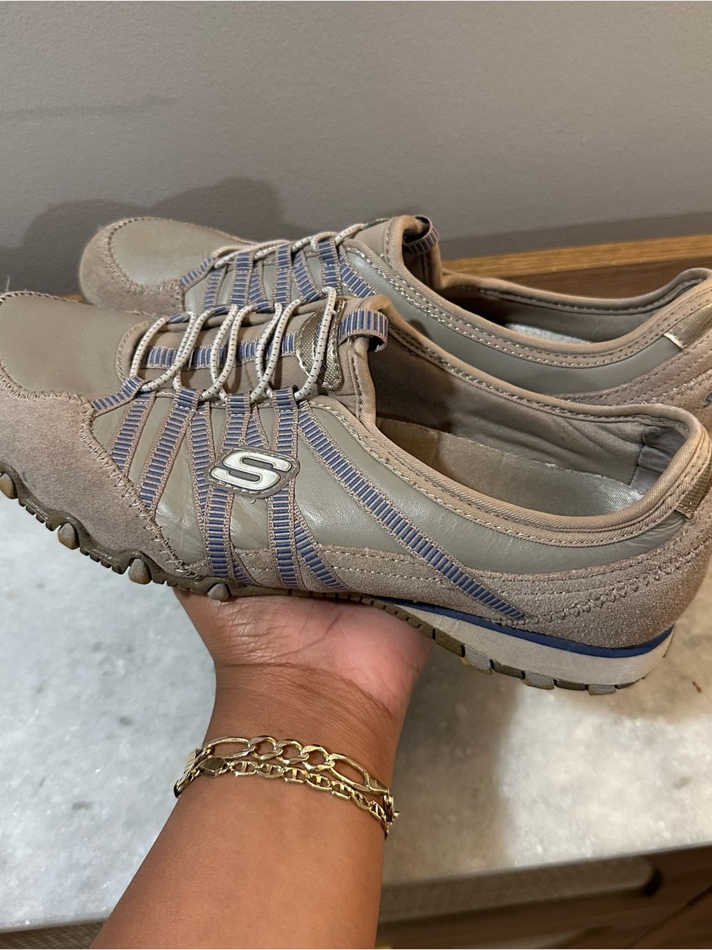 Skechers Women’s Sneaker Flat in Taupe and Blue Casual Slip-On Sneakers